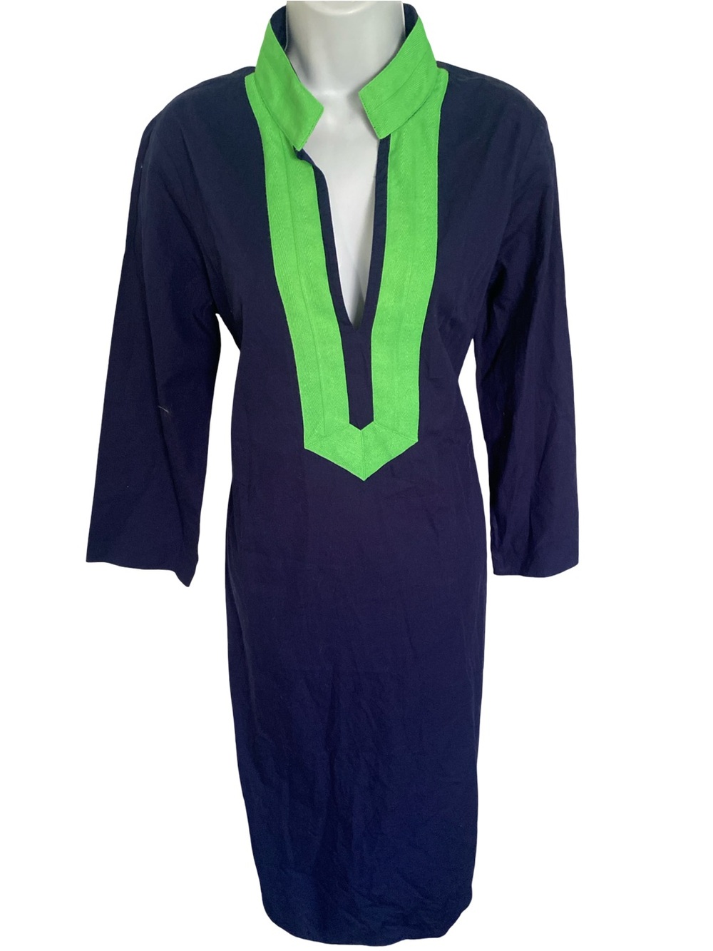 Sail to Sable  Navy Midi Dress with Lime Green V-Trim - L